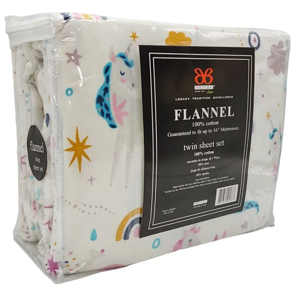 BIBB Home‎ Twin Size Cotton Flannel Sheet Set 3pc Multicolor Unicorns Pattern